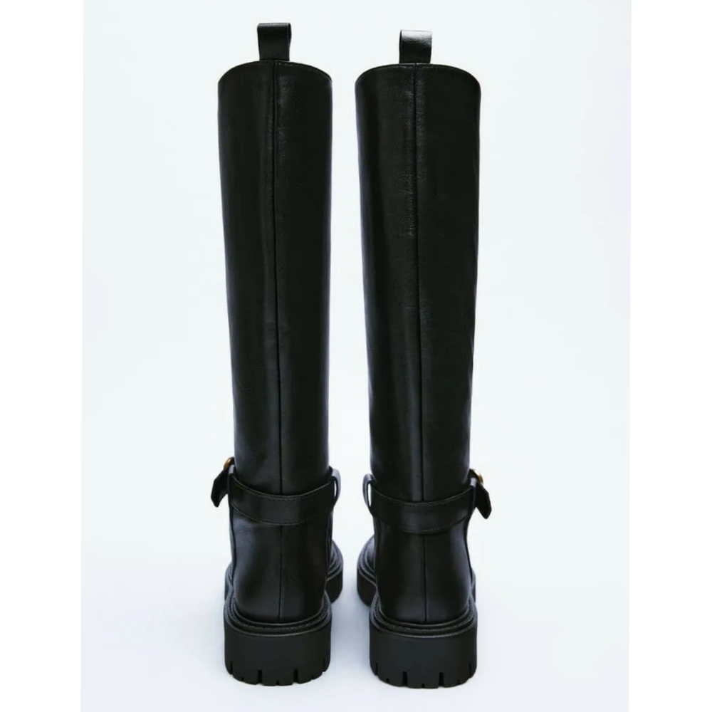 ZARA FLAT LEATHER BOOTS WITH BUCKLE - Picture 4 of 9